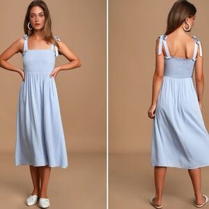 Lulus Blue Midi Casual Smocked Dress, Size M